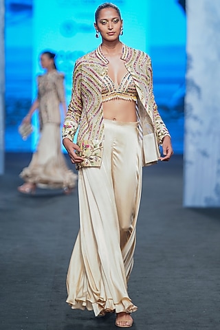 Beige Ajrakh Embellished Jacket Set by SEJAL KAMDAR