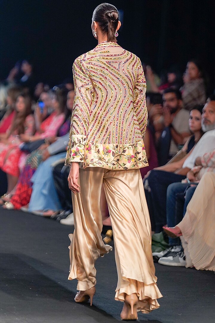 Beige Ajrakh Embellished Jacket Set by SEJAL KAMDAR at Pernia's Pop Up Shop