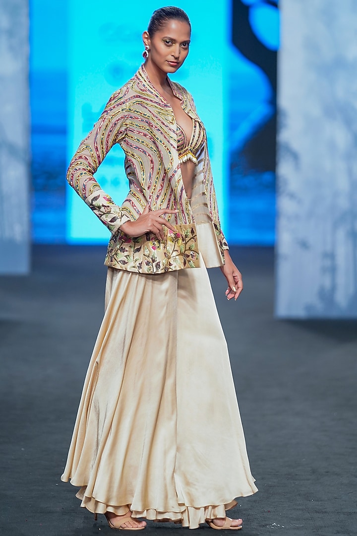 Beige Ajrakh Embellished Jacket Set by SEJAL KAMDAR at Pernia's Pop Up Shop