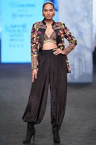 Black Ajrakh & Gajji Silk Embroidered Jacket Set by SEJAL KAMDAR