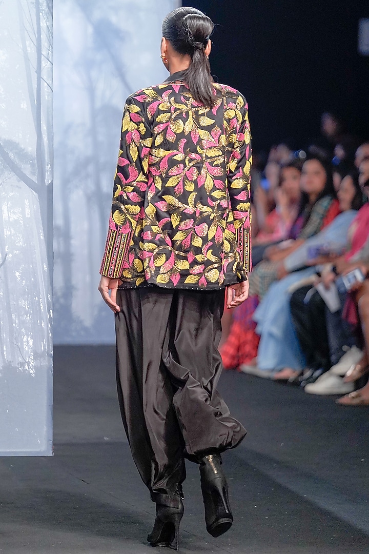 Black Ajrakh & Gajji Silk Embroidered Jacket Set by SEJAL KAMDAR at Pernia's Pop Up Shop