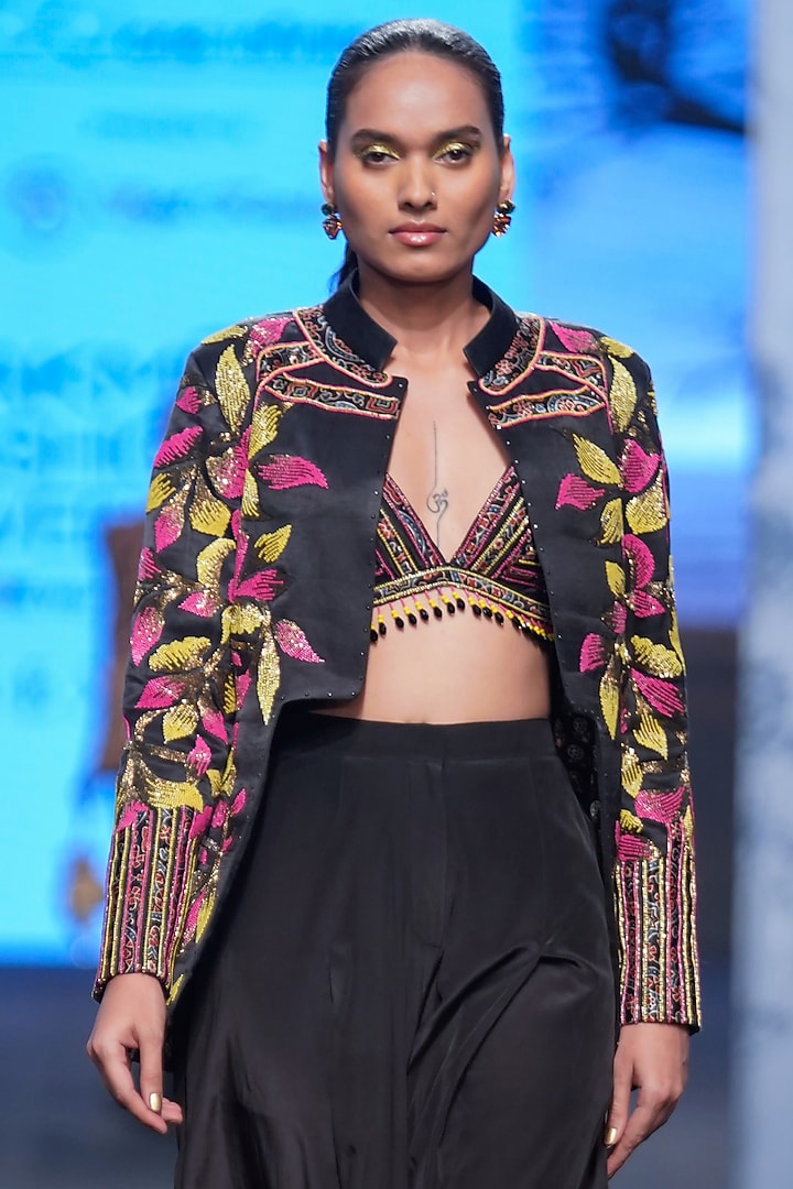 Black Ajrakh & Gajji Silk Embroidered Jacket Set by SEJAL KAMDAR at Pernia's Pop Up Shop