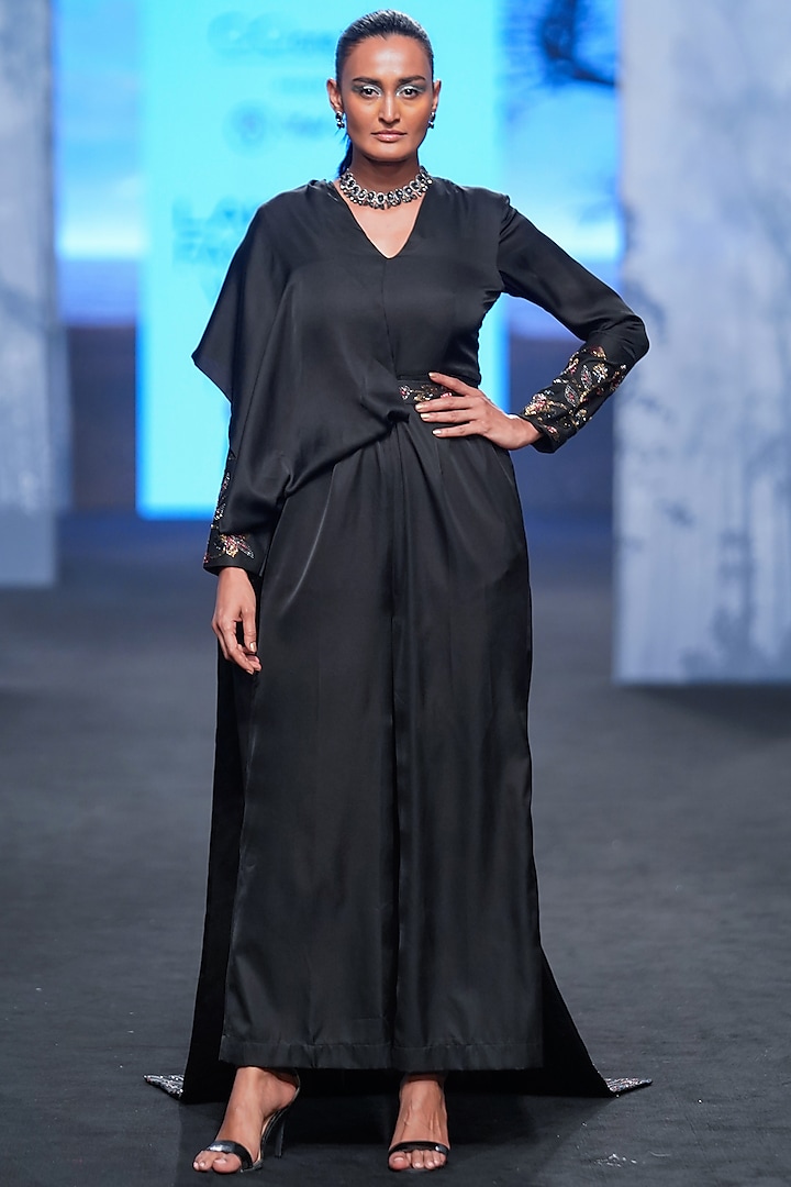 Black Ajrakh & German Satin Embellished Jumpsuit by SEJAL KAMDAR