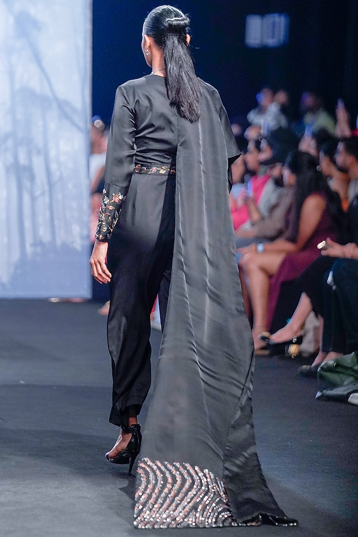 Black Ajrakh & German Satin Embellished Jumpsuit by SEJAL KAMDAR at Pernia's Pop Up Shop