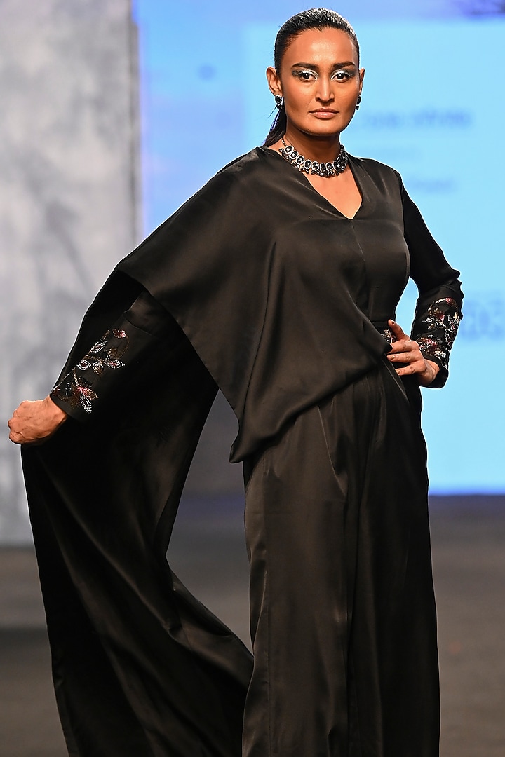 Black Ajrakh & German Satin Embellished Jumpsuit by SEJAL KAMDAR at Pernia's Pop Up Shop