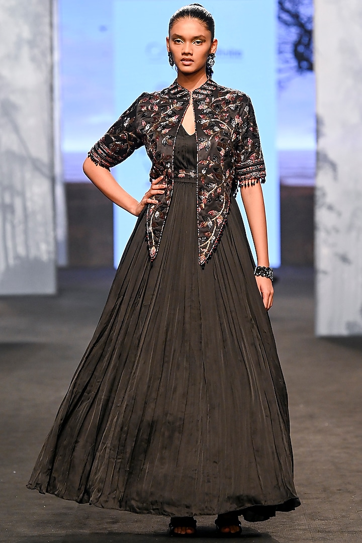 Charcoal Black Ajrakh & Gajji Silk Gown by SEJAL KAMDAR
