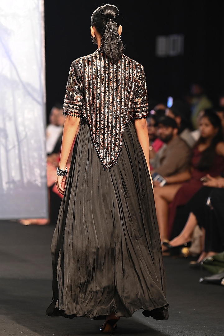 Charcoal Black Ajrakh & Gajji Silk Engagement Gown by SEJAL KAMDAR at Pernia's Pop Up Shop
