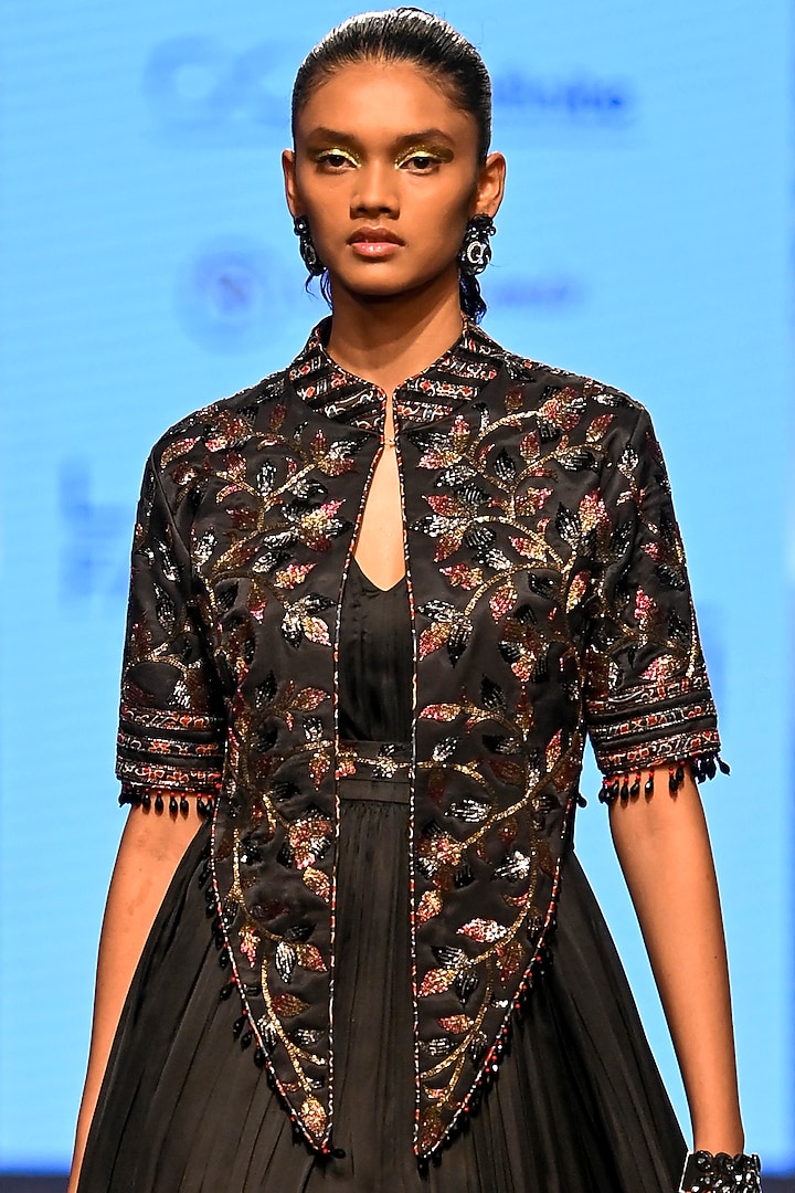 Charcoal Black Ajrakh & Gajji Silk Engagement Gown by SEJAL KAMDAR at Pernia's Pop Up Shop