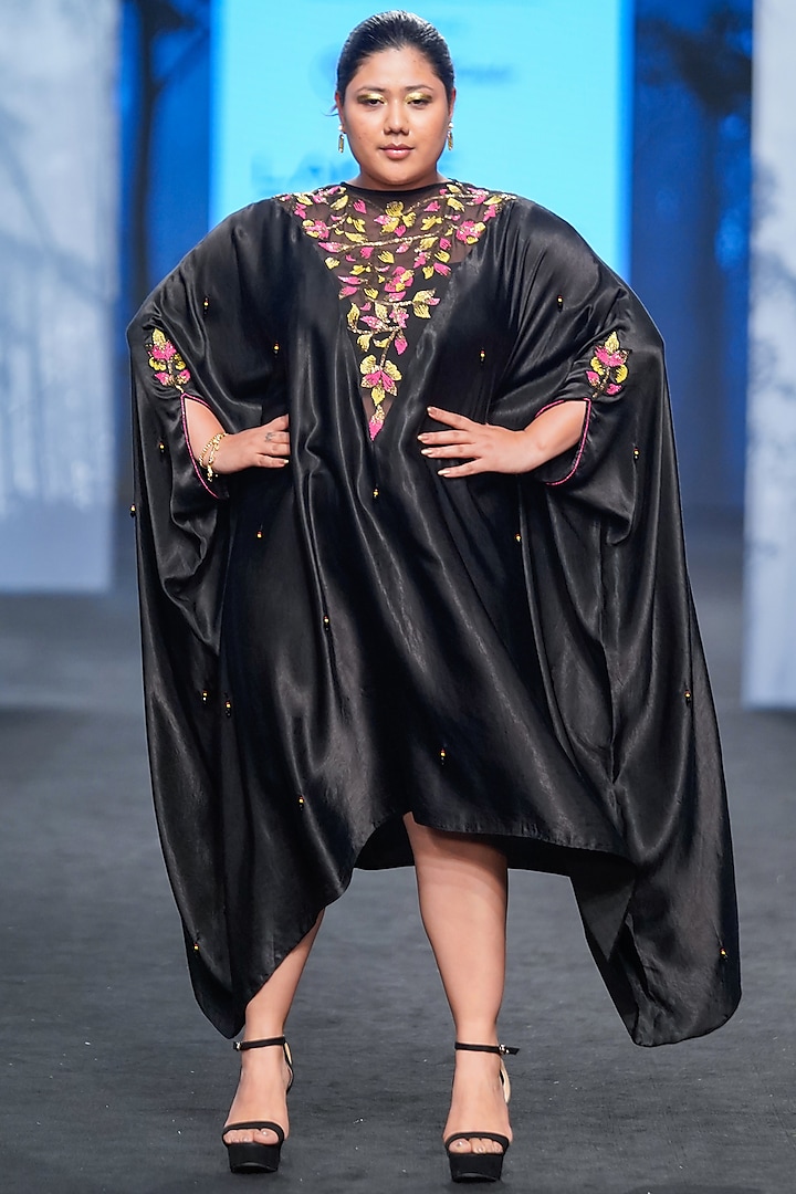 Onyx Black Ajrakh & Gajji Silk Embellished Kaftan by SEJAL KAMDAR