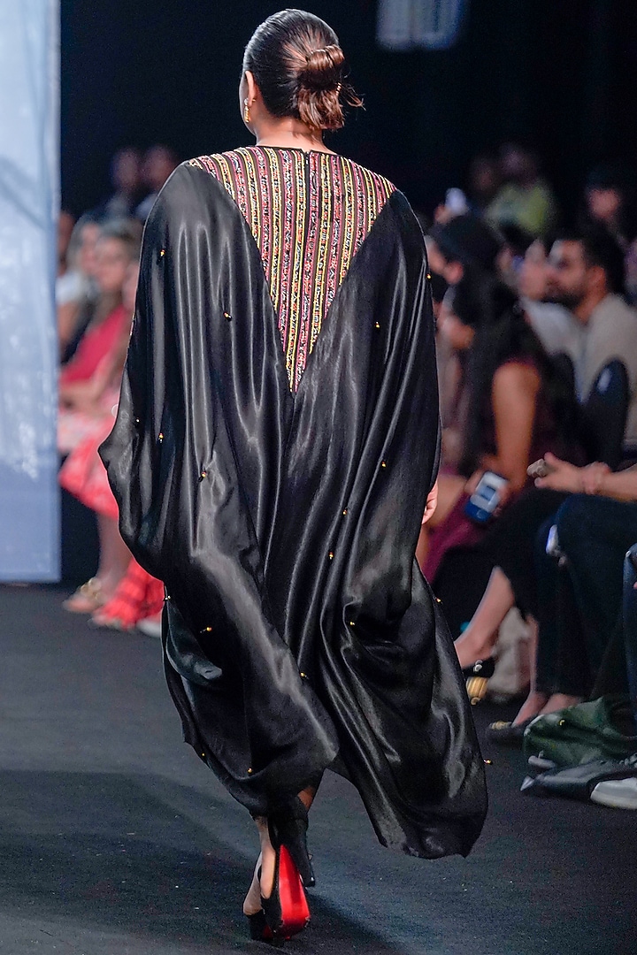 Onyx Black Ajrakh & Gajji Silk Embellished Kaftan by SEJAL KAMDAR at Pernia's Pop Up Shop