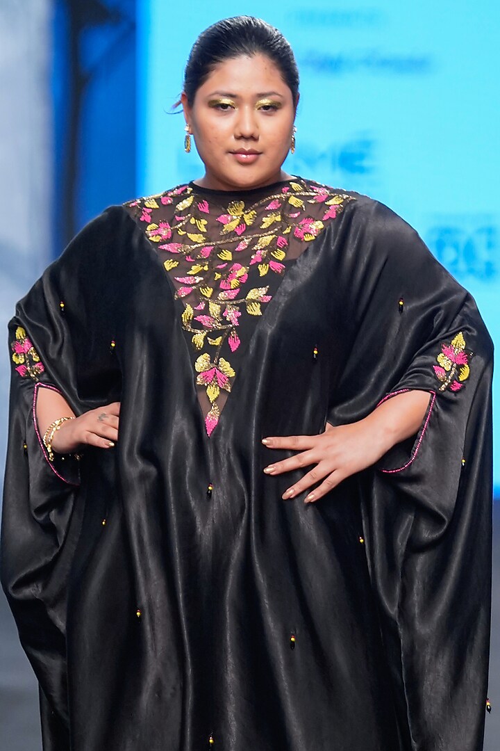 Onyx Black Ajrakh & Gajji Silk Embellished Kaftan by SEJAL KAMDAR at Pernia's Pop Up Shop