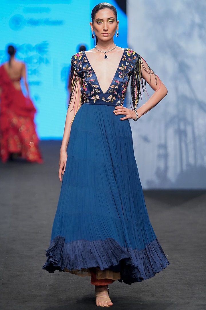Denim Blue Ajrakh & Gajji Silk Embellished Maxi Dress by SEJAL KAMDAR