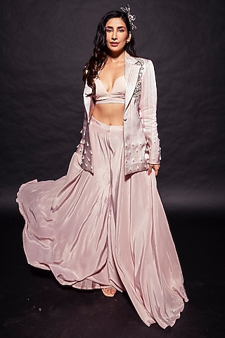Peachy Pink Pure Mashru Silk Embroidered Jacket Set by SEJAL KAMDAR