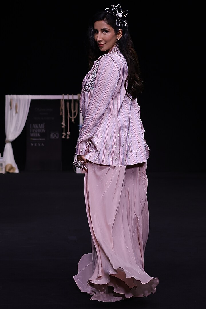 Peachy Pink Pure Mashru Silk Embroidered Jacket Set by SEJAL KAMDAR at Pernia's Pop Up Shop