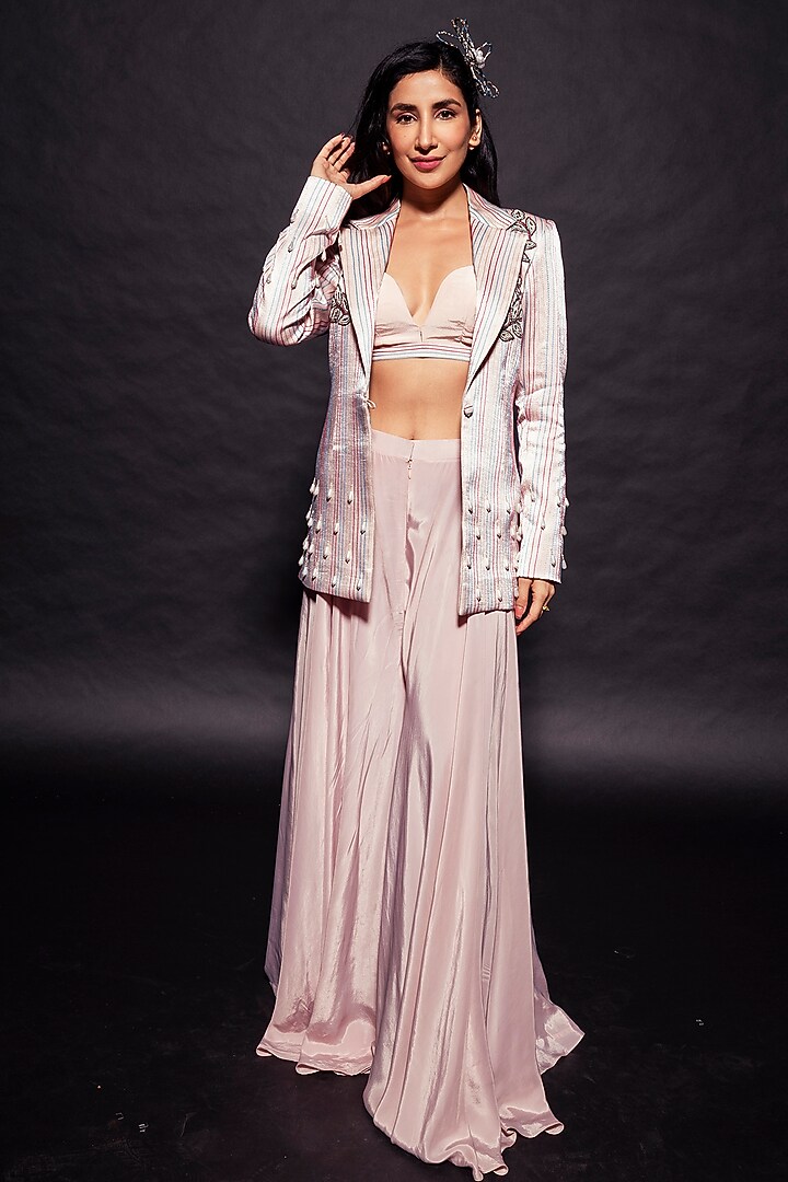 Peachy Pink Pure Mashru Silk Embroidered Jacket Set by SEJAL KAMDAR at Pernia's Pop Up Shop