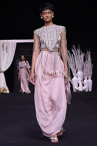 Peachy Pink Pure Mashru Silk Ajrakh Stripe Work Jacket Set by SEJAL KAMDAR
