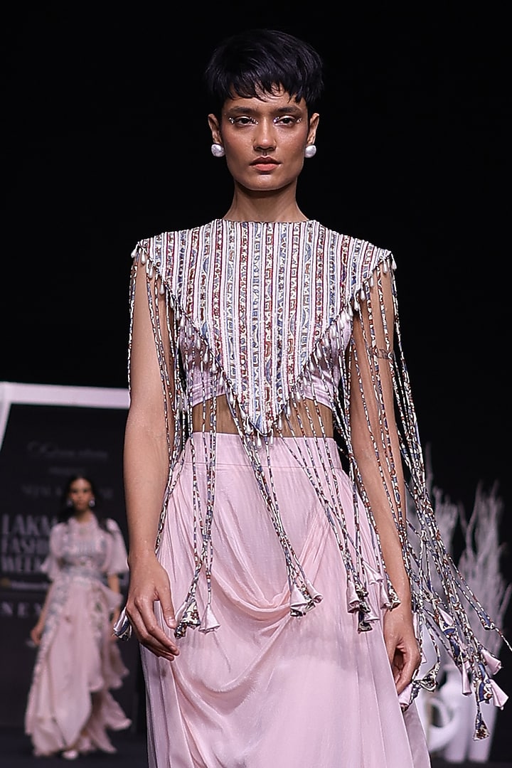 Peachy Pink Pure Mashru Silk Ajrakh Stripe Work Jacket Set by SEJAL KAMDAR at Pernia's Pop Up Shop