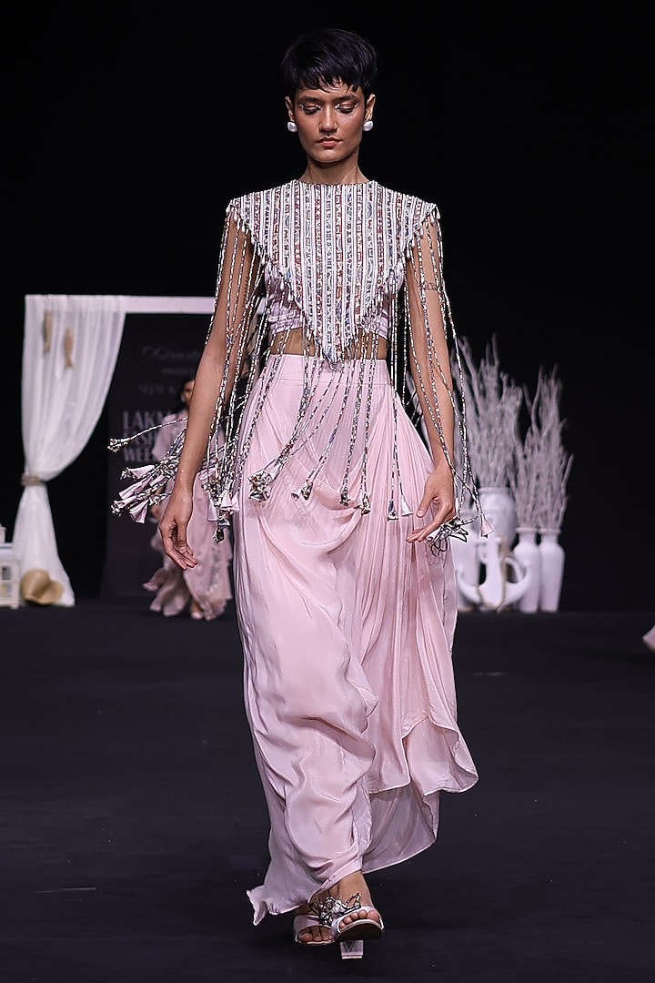 Peachy Pink Pure Mashru Silk Ajrakh Stripe Work Jacket Set by SEJAL KAMDAR at Pernia's Pop Up Shop