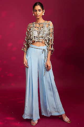 Powder Blue Pure Mashru Silk Ajrakh Printed Jacket Set by SEJAL KAMDAR