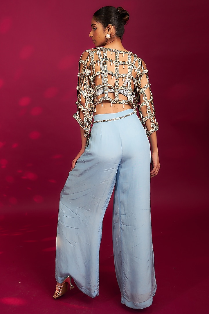 Powder Blue Pure Mashru Silk Ajrakh Printed Jacket Set by SEJAL KAMDAR at Pernia's Pop Up Shop