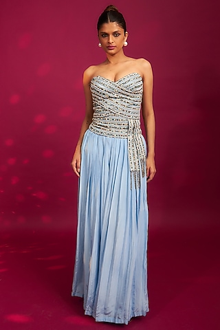 Powder Blue Pure Natural Crepe Pant Set by SEJAL KAMDAR