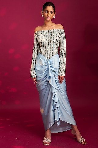 Powder Blue German Satin Bead Work Draped Dress by SEJAL KAMDAR