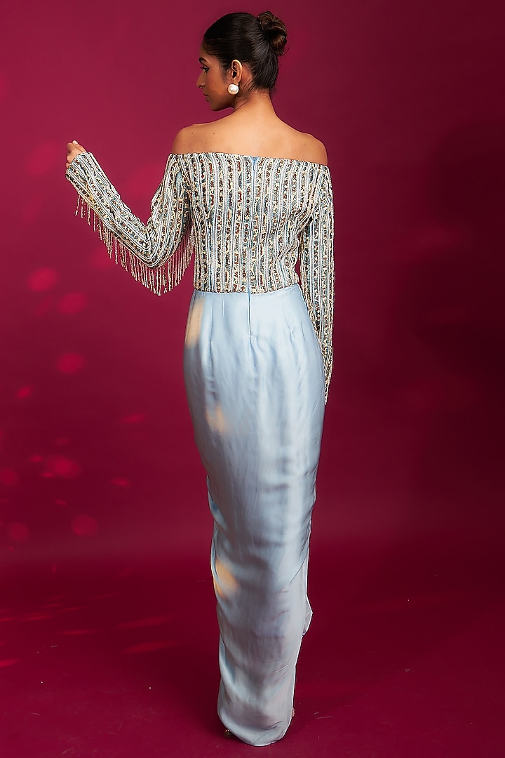 Powder Blue German Satin Bead Work Draped Cocktail Dress by SEJAL KAMDAR at Pernia's Pop Up Shop
