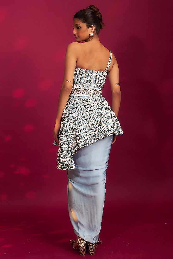 Powder Blue Pure Natural Crepe Dhoti Skirt Set by SEJAL KAMDAR at Pernia's Pop Up Shop