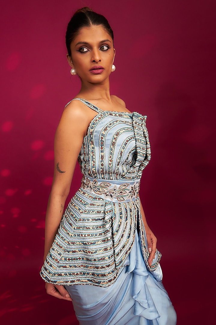 Powder Blue Pure Natural Crepe Dhoti Skirt Set by SEJAL KAMDAR at Pernia's Pop Up Shop
