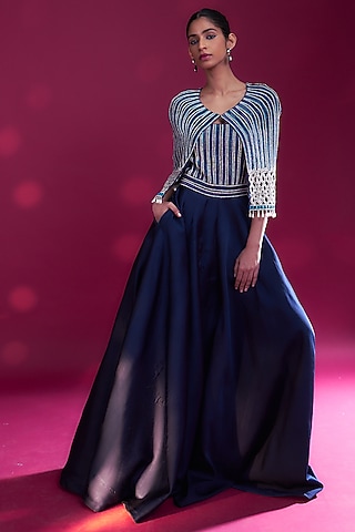 Deep Blue German Satin Bead Embroidered Jumpsuit by SEJAL KAMDAR