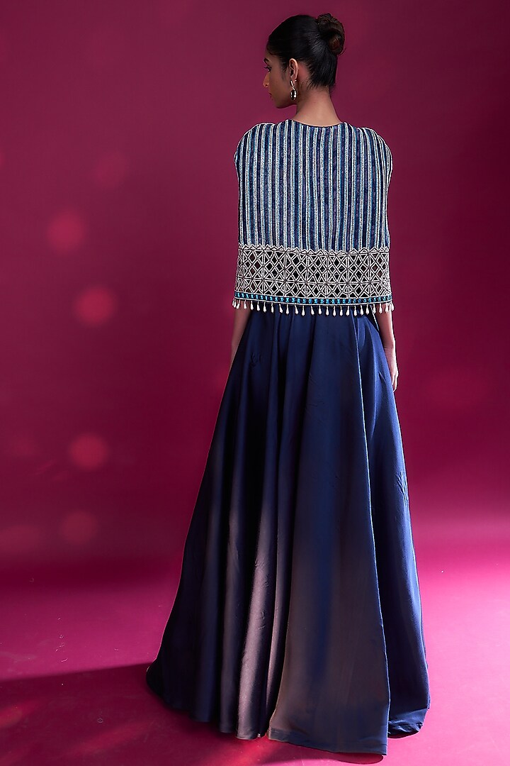 Deep Blue German Satin Bead Embroidered Jumpsuit by SEJAL KAMDAR at Pernia's Pop Up Shop