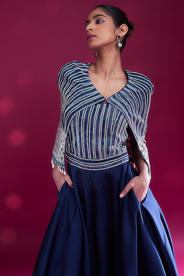 Deep Blue German Satin Bead Embroidered Jumpsuit by SEJAL KAMDAR at Pernia's Pop Up Shop