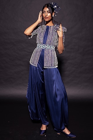 Deep Blue German Satin Jumpsuit With Jacket by SEJAL KAMDAR