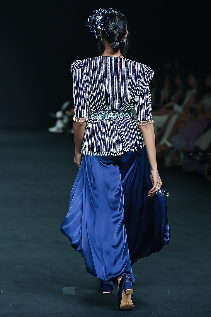 Deep Blue German Satin Jumpsuit With Jacket by SEJAL KAMDAR at Pernia's Pop Up Shop