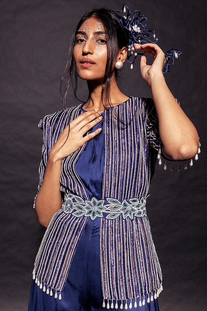 Deep Blue German Satin Jumpsuit With Jacket by SEJAL KAMDAR at Pernia's Pop Up Shop