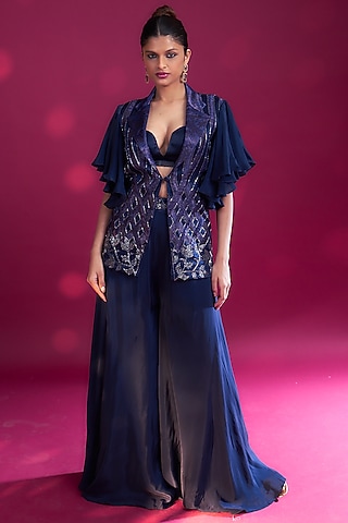 Deep Blue Mashru Silk Ajrakh Printed & Embellished Jacket Set by SEJAL KAMDAR
