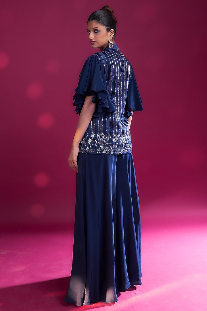 Deep Blue Mashru Silk Ajrakh Printed & Embellished Jacket Set by SEJAL KAMDAR at Pernia's Pop Up Shop