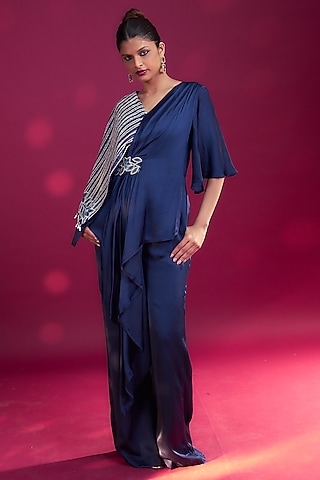 Deep Blue German Satin & Mashru Silk Ajrakh Striped Jumpsuit by SEJAL KAMDAR