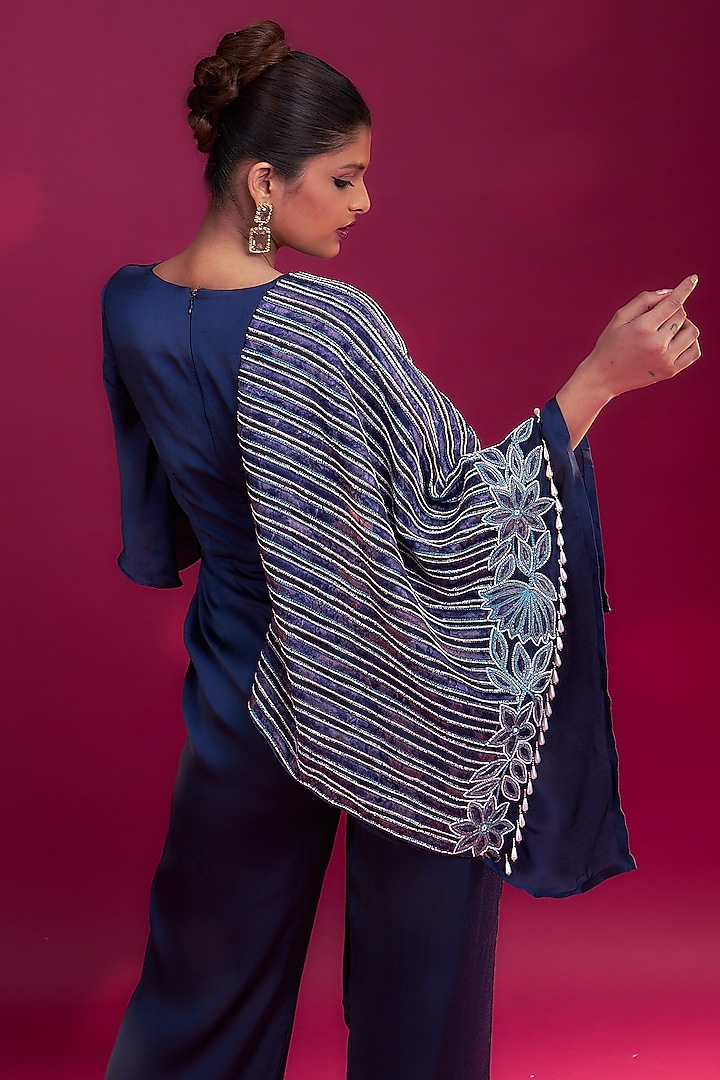 Deep Blue German Satin & Mashru Silk Ajrakh Striped Jumpsuit by SEJAL KAMDAR at Pernia's Pop Up Shop