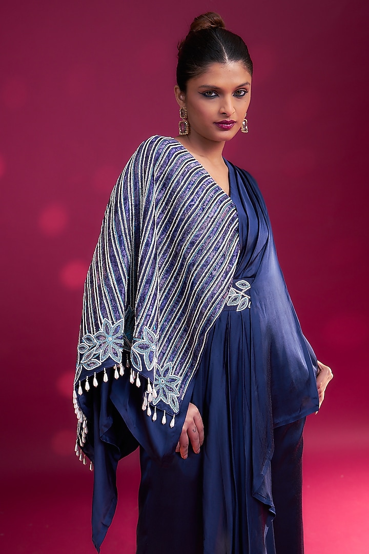 Deep Blue German Satin & Mashru Silk Ajrakh Striped Jumpsuit by SEJAL KAMDAR at Pernia's Pop Up Shop