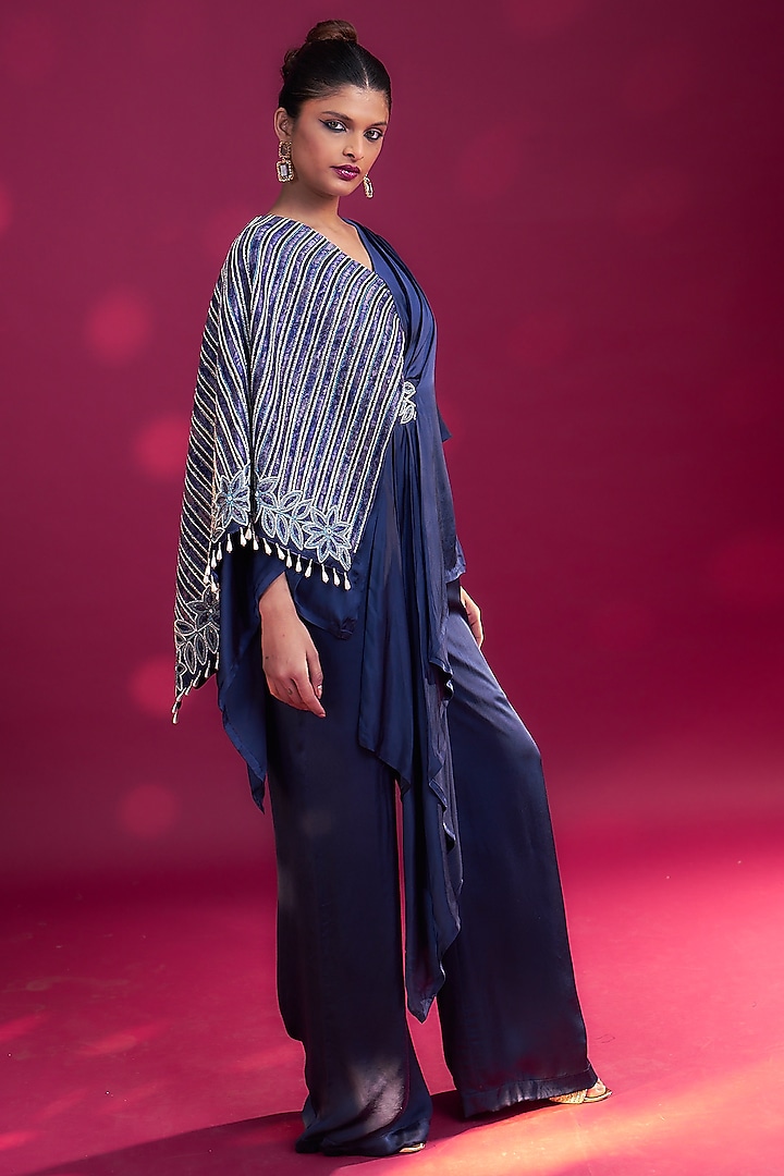 Deep Blue German Satin & Mashru Silk Ajrakh Striped Jumpsuit by SEJAL KAMDAR at Pernia's Pop Up Shop