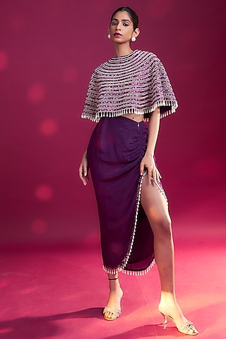 Dark Purple Mashru Silk Ajrakh Striped & Embroidered Capelet Set by SEJAL KAMDAR