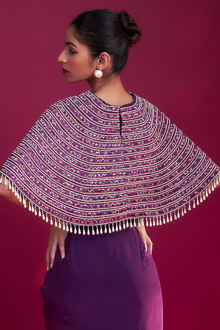 Dark Purple Mashru Silk Ajrakh Striped & Embroidered Capelet Set by SEJAL KAMDAR at Pernia's Pop Up Shop