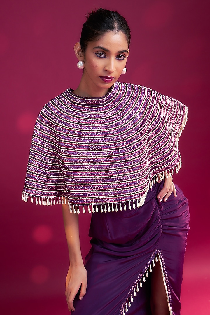 Dark Purple Mashru Silk Ajrakh Striped & Embroidered Capelet Set by SEJAL KAMDAR at Pernia's Pop Up Shop