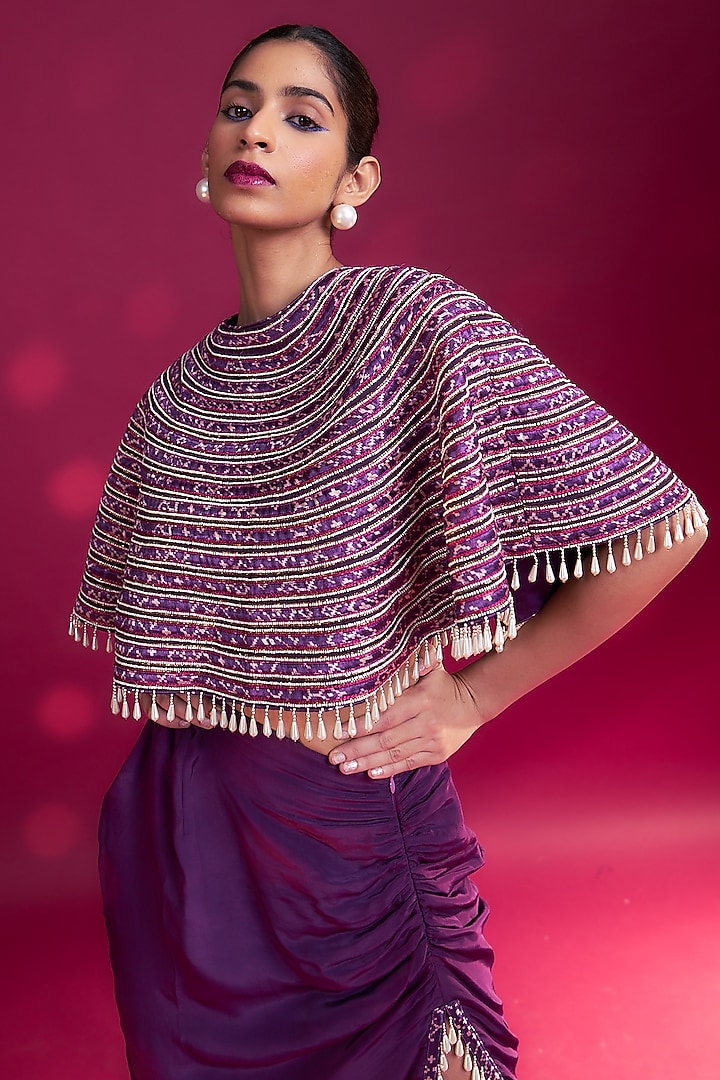 Dark Purple Mashru Silk Ajrakh Striped & Embroidered Capelet Set by SEJAL KAMDAR at Pernia's Pop Up Shop