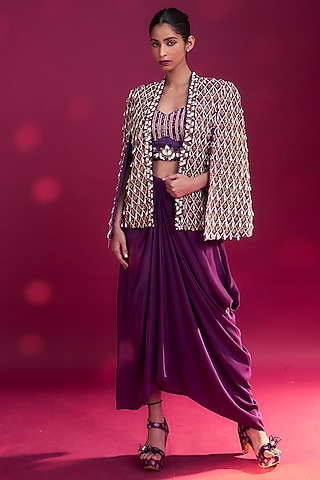 Dark Purple Pure Natural Crepe Dhoti Skirt Set by SEJAL KAMDAR