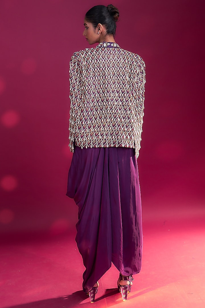 Dark Purple Pure Natural Crepe Dhoti Skirt Set by SEJAL KAMDAR at Pernia's Pop Up Shop