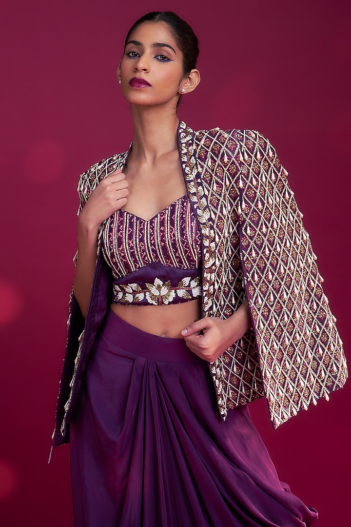 Dark Purple Pure Natural Crepe Dhoti Skirt Set by SEJAL KAMDAR at Pernia's Pop Up Shop