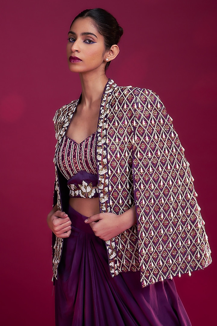 Dark Purple Pure Natural Crepe Dhoti Skirt Set by SEJAL KAMDAR at Pernia's Pop Up Shop