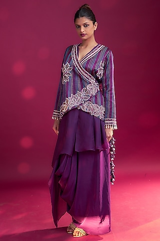 Dark Purple Pure Natural Crepe Dhoti Skirt Set by SEJAL KAMDAR